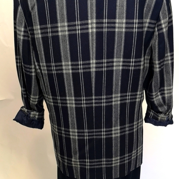80s vintage window pane plaid oversized double-breasted NAVY/WHITE wool jacket - Picture 8 of 15